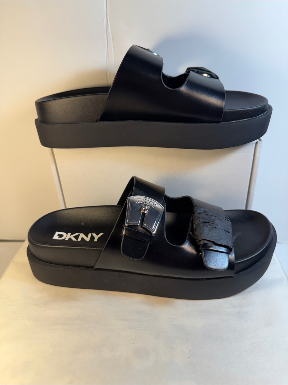 DKNY Black Platform Buckle Slide Sandals